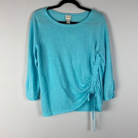 Chicos Sweater Womens 1 US Medium Blue Ruched Tie Front Asymmetric Hem - Picture 1 of 9